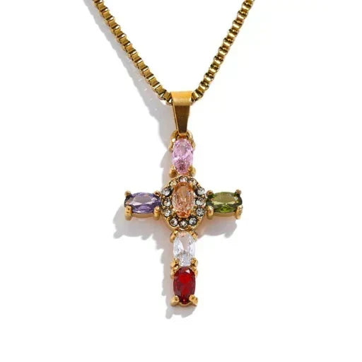 Collar con Colgante de Cruz Engastado con Cristales de Circonita